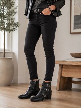 Lord & Taylor black leather ankle boots studded harness straps beaded 7.5